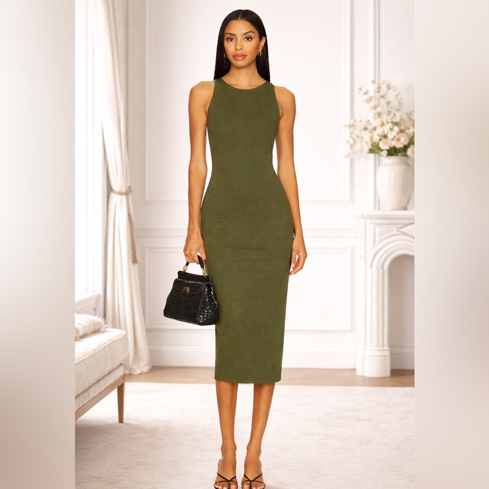 SPANX Smooth Jersey Midi Racer Dress Dark Pine Olive XS NWT Bodycon Minimal